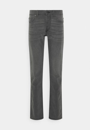 Jeans de denim cinza com corte straight leg, apresentando cinco bolsos e fecho de botão. O tecido tem uma textura subtil e um acabamento desbotado.