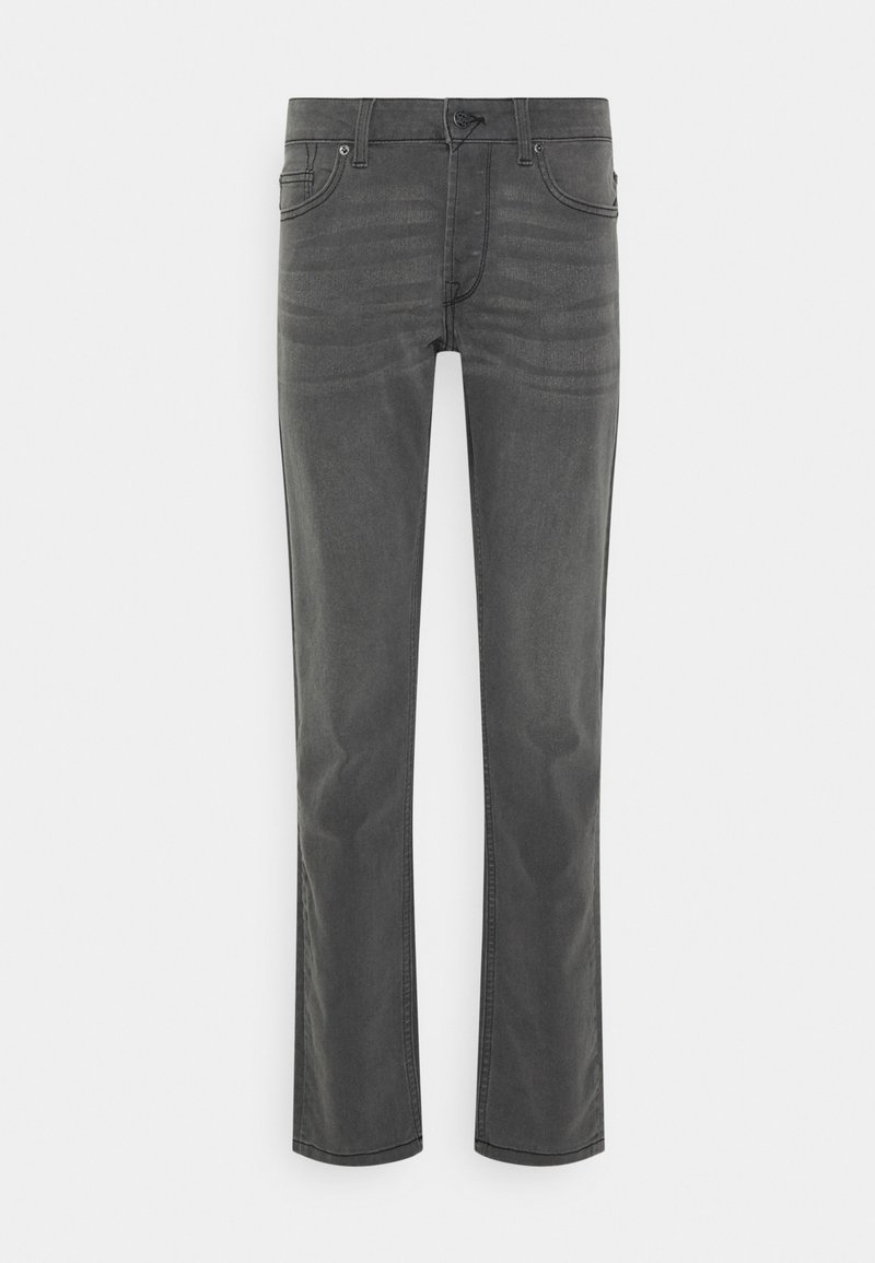 Jeans de denim cinza com corte straight leg, apresentando cinco bolsos e fecho de botão. O tecido tem uma textura subtil e um acabamento desbotado.