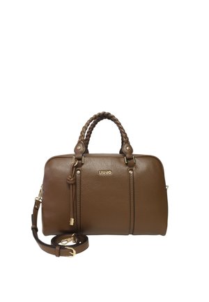 Borsa a tracolla in pelle marrone con manici intrecciati, un logo dorato e una tracolla removibile. Caratterizzata da una forma strutturata e una superficie testurizzata.