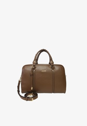 Borsa a tracolla in pelle marrone con manici intrecciati, un logo dorato e una tracolla removibile. Caratterizzata da una forma strutturata e una superficie testurizzata.