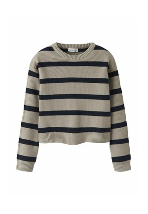 Maglione lavorato a maglia beige a maniche lunghe con ampie strisce orizzontali nere e scollatura tonda.