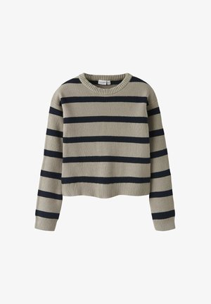 Beige knitted long-sleeve sweater with wide black horizontal stripes and a round neckline.