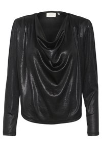 Maglietta nera a maniche lunghe con scollo drappeggiato, realizzata in tessuto lucido e liscio; presenta una vestibilità comoda e un orlo arrotondato.