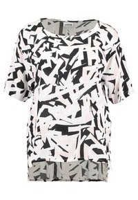 Blusa a maniche corte in tessuto leggero con un motivo geometrico astratto in nero, bianco e rosa chiaro. Collo rotondo e vestibilità comoda.
