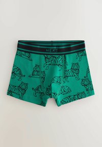 Grønne boksershorts med et sort tigermønster, elastisk talje med sorte og grønne striber, og en blød, strækbar stofstruktur.