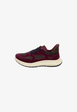 Maroon suede and mesh sneaker with dark green accents, textured surface, thick beige sole, and black rubber outsole; lace-up design.
