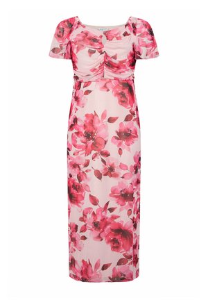 Robe midi fleurie rose avec manches courtes bouffantes, buste froncé et détail trou en forme de goutte au niveau du décolleté.