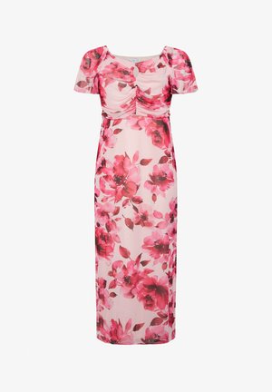 Różowa midi sukienka w kwiaty z krótkimi bufkami, marszczonym biustem i wycięciem przy dekolcie.