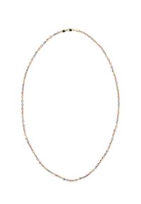 Halskæde med skiftevis roseguld, gulguld og hvidguld snoede led og en guld krabberock på en hvid baggrund.