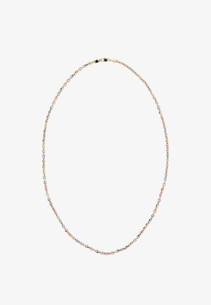 Kaulaketju, jossa on vuorotellen ruusukultaisia, keltakultaisia ja valkokultaisia kierrettyjä lenkkejä sekä kultainen hommaraspiikkilukko valkoista taustaa vasten.