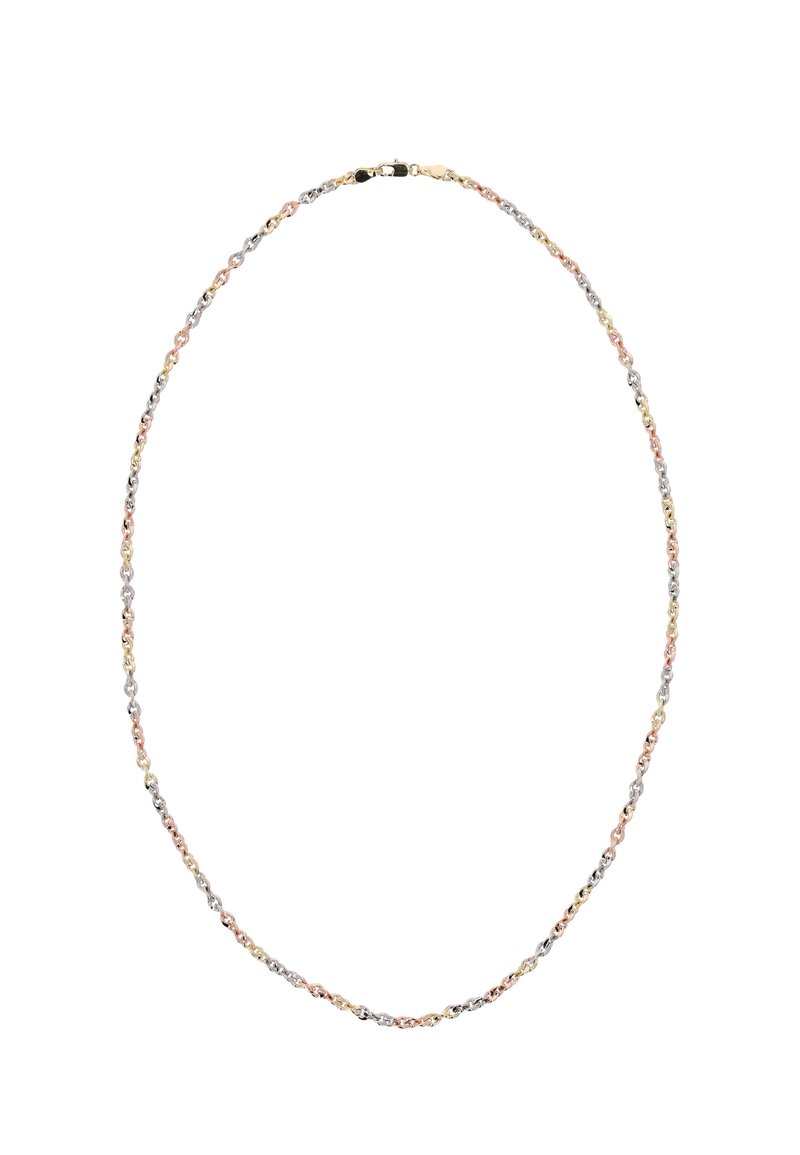 Halskæde med skiftevis roseguld, gulguld og hvidguld snoede led og en guld krabberock på en hvid baggrund.