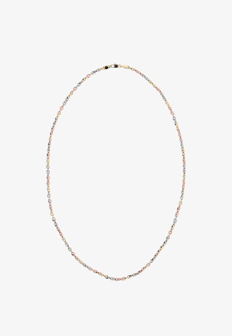 Halskæde med skiftevis roseguld, gulguld og hvidguld snoede led og en guld krabberock på en hvid baggrund.