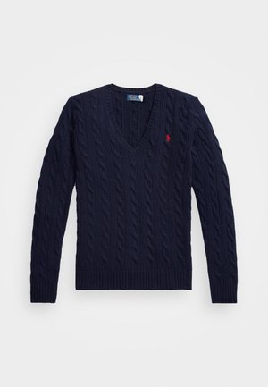 Tengerészkék, cable-knit anyagú, V-nyakú pulóver, bordás mandzsettákkal és alsó peremmel, mellkasi logóval, textúrált kötött anyagból készült.