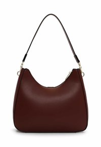 Burgunderrote Ledertasche mit glatter Textur, geschwungener Silhouette, Reißverschluss und einem einfachen, schwarz akzentuierten Trageriemen.
