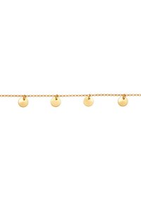 Bracelet en chaîne dorée comportant cinq petits pendentifs ronds en forme de disque, espacés de manière uniforme. Surface lisse avec un design de maillon délicat.