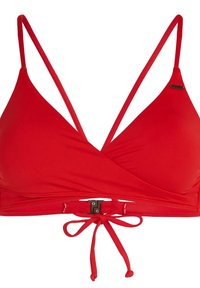 Rode bikini-top met een wikkelontwerp, verstelbare spaghettistrings en een gestrikte sluiting aan de onderkant. Gladde stof met een lichte glans.