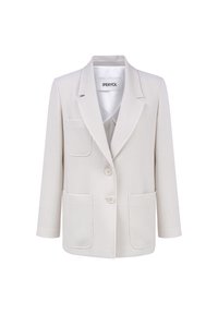 Blazer blanc texturé avec un col cranté, deux poches avant et une fermeture par bouton. Intérieur doublé visible à travers le col.