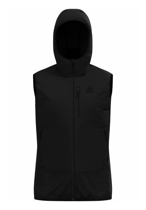 Black padded vest with a high collar and a zippered front. Features a hood, side pockets, and a textured bottom panel.