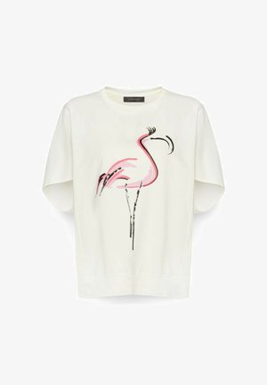 Biały t-shirt z krótkim rękawem z minimalistyczną różowo-czarną ilustracją flaminga z przodu, okrągłym dekoltem i luźnym krojem.