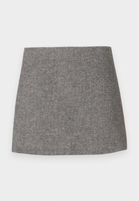 Jupe à motif chevrons en tissu gris, présentant une silhouette ajustée avec une texture lisse et un ourlet droit et net.