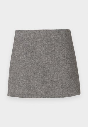 Herringbone-patterned skirt in gray fabric, featuring a fitted silhouette with a smooth texture and a clean, straight hem.