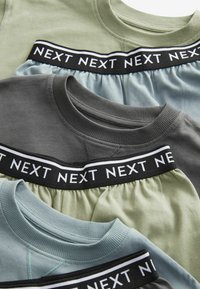 Cztery koszulki T-shirt ułożone jedna na drugiej, w kolorze zielonym, szarym i niebieskim. Każda z nich ma czarną opaskę z napisem "NEXT" w kolorze białym. Wykonane z bawełny, z dekoltem w serek.