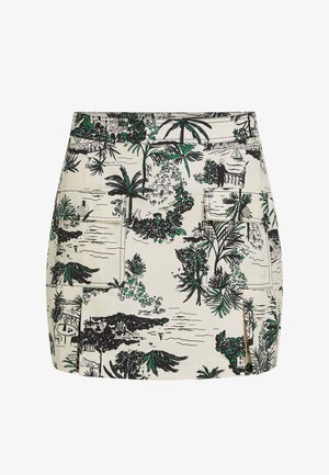 Valge seelik, millel on detailne musta ja rohelise troopilise mustriga, mis sisaldab palmipuud ja maalilisi maastikke. Varustatud kahe esikotiga.