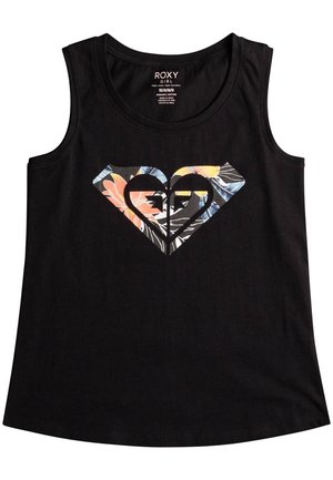 Czarny bezrękawnik dziewczęcy z kolorowym kwiatowym logo w kształcie serca umieszczonym na środku przodu oraz etykietą "Roxy Girl" wewnątrz dekoltu.