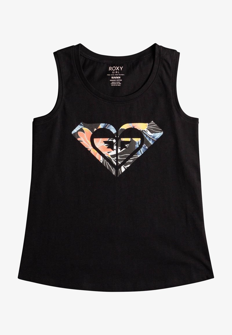 Débardeur noir sans manches pour fille avec un logo en forme de cœur floral coloré centré sur le devant et une étiquette "Roxy Girl" à l'intérieur de l'encolure.