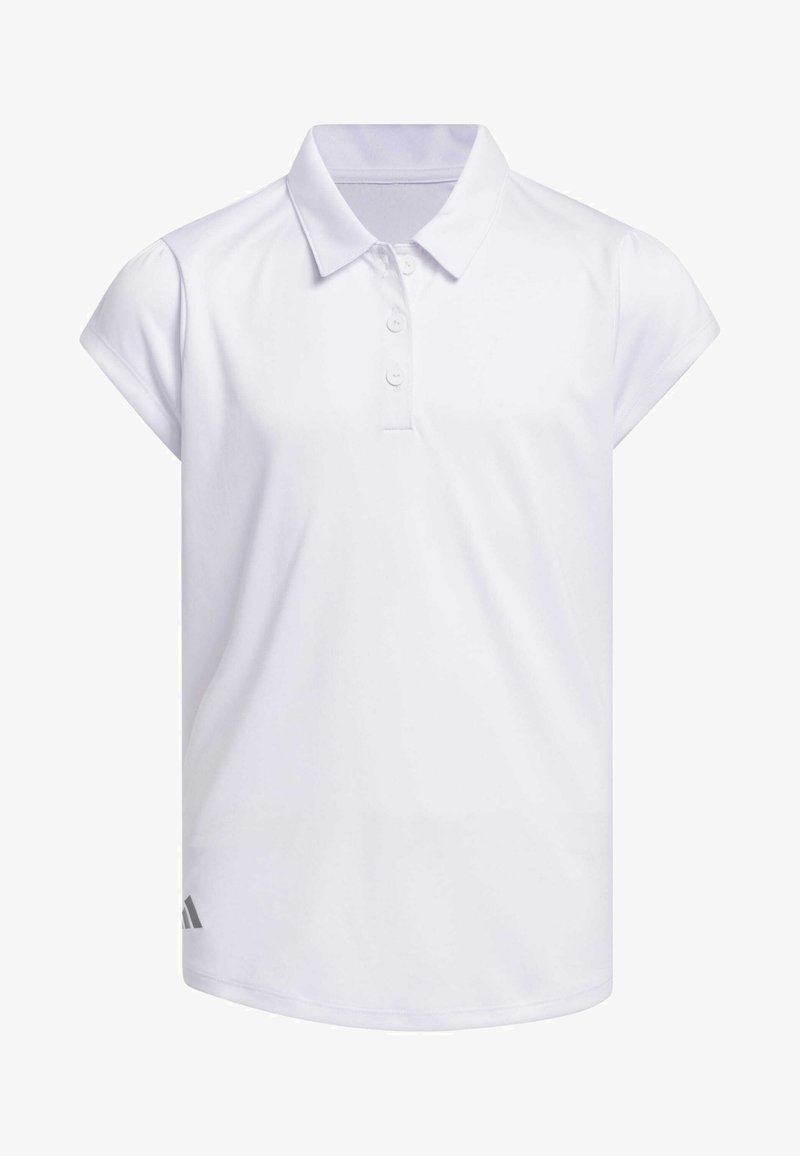 Weißes Polohemd aus weichem, atmungsaktivem Stoff; verfügt über einen Kragen, eine Dreiknopf-Leiste und kurze Ärmel. Adidas-Logo in Grau am Saum.