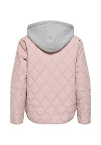 Veste matelassée rose clair avec motif en losanges et capuche grise attachée, vue de dos.