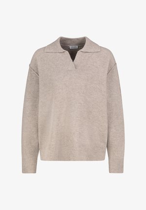 Beige Strickpullover mit Kragen und lockerer Passform. Mit gerippten Bündchen und Saum. Weicher Stoff, leichtes Material.