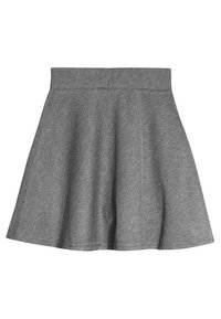 Jupe patineuse grise avec une large taille, design évasé et texture lisse. Fabriquée en tissu doux, elle présente un motif chiné subtil.