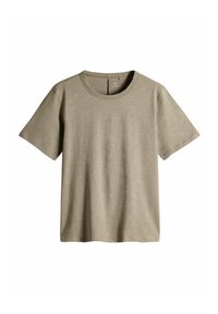 Lichtbeige shirt met korte mouwen van zachte stof; beschikt over een klassieke ronde hals en een ontspannen pasvorm zonder zichtbare patronen of accenten.