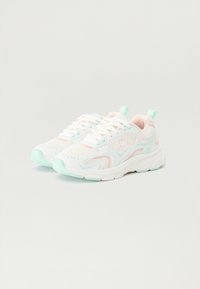 White athletic sneakers with mesh panels, pastel pink and mint green accents, round toe, thick rubber sole, and lace-up design.
