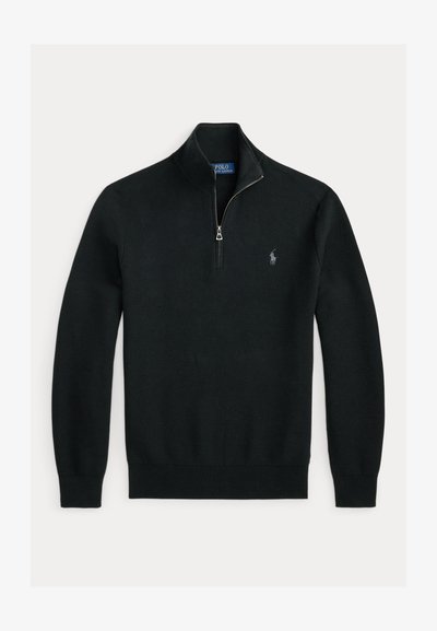 Pull en maille noir à manches longues avec une fermeture éclair quart de zip et un petit logo cheval brodé sur la poitrine gauche.