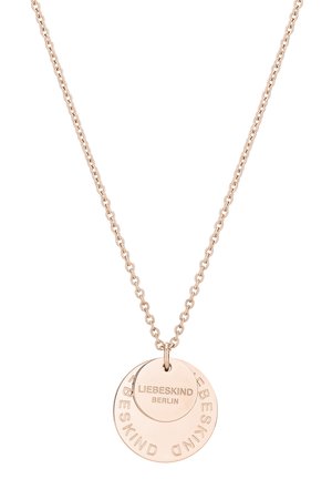 Roze gouden ketting met een delicate schakelkettinkje, voorzien van twee gelaagde ronde hangers, gegraveerd met "LIEBESKIND BERLIN" en "BESTKIND."