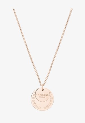 Roze gouden ketting met een delicate schakelkettinkje, voorzien van twee gelaagde ronde hangers, gegraveerd met "LIEBESKIND BERLIN" en "BESTKIND."