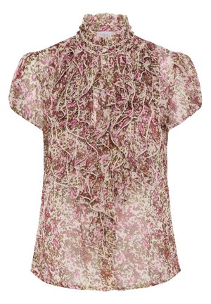 Przezroczysta kwiatowa bluzka w różowo-brązowy wzór, z falbanami z przodu, krótkimi bufkami i wysokim, falbanianym kołnierzem z guzikami.