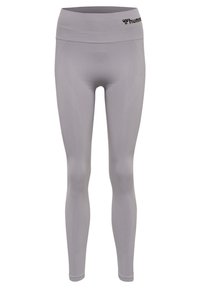 Jasnoszare legginsy z wysokim stanem o gładkiej teksturze, z logo na pasku i subtelnymi liniami biegnącymi wzdłuż nóg.