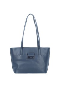 Blå læder tote taske med to lange håndtag, tekstureret overflade og en metallisk accent front. Rummeligt design med en struktureret form.