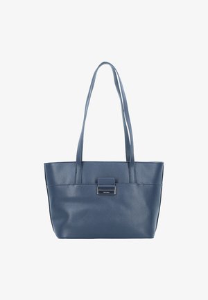 Blue leather tote bag with two long handles, textured surface, and a metallic accent on the front. Spacious design with a structured shape.