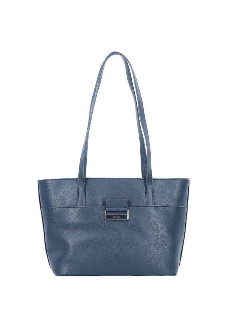 Blå læder tote taske med to lange håndtag, tekstureret overflade og en metallisk accent front. Rummeligt design med en struktureret form.