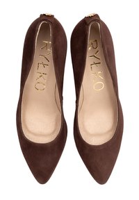 Brązowe zamszowe szpilki w kształcie ostrego nosa z wycięciami i złotymi akcentami logo. Gładkie wykończenie wnętrza, minimalistyczny styl i klasyczna sylwetka.