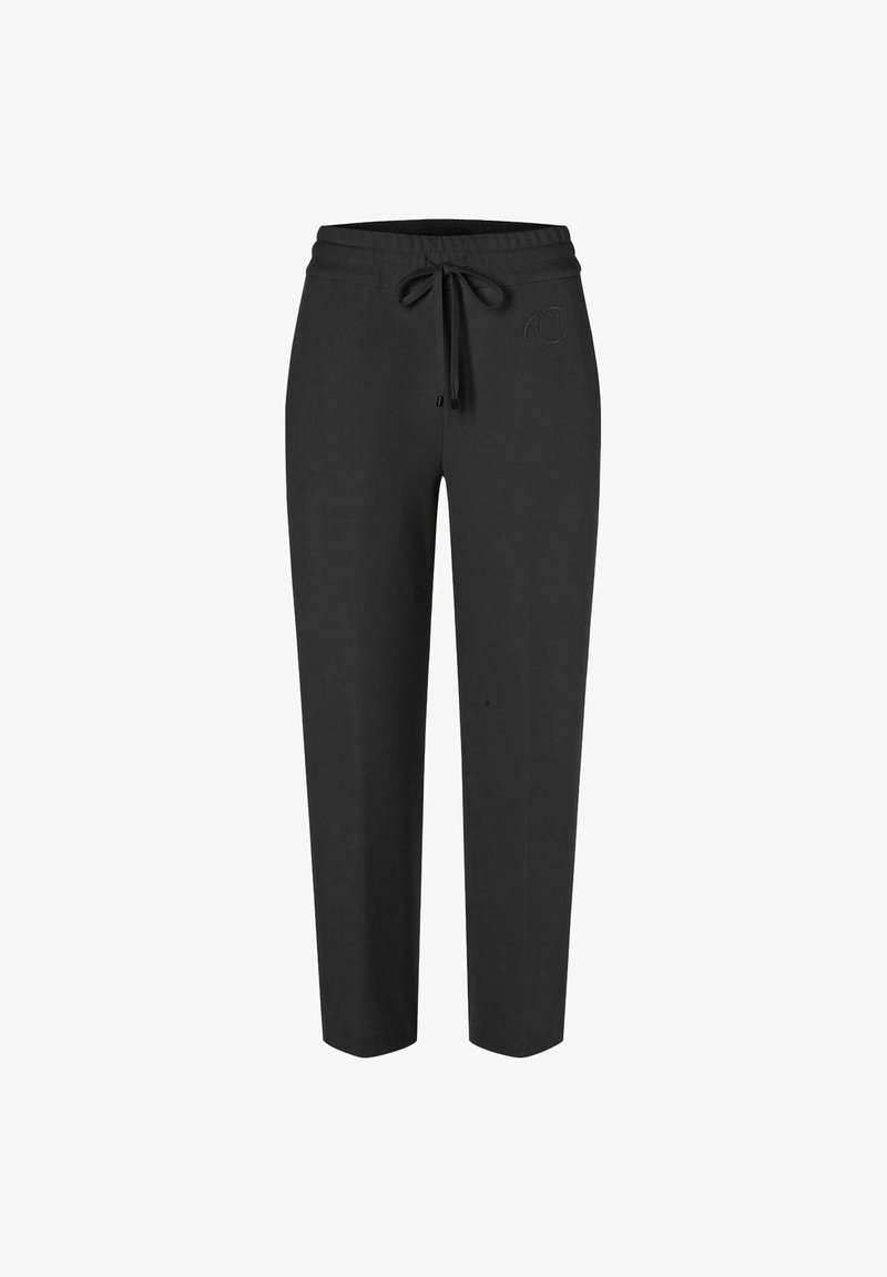 Pantalon de jogger noir en tissu doux, doté d'une taille élastique avec cordon de serrage, jambes droites et d'un détail de logo subtil.