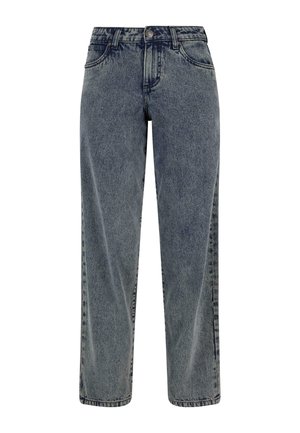 Jeans azzurri chiari in denim, con una vestibilità dritta, cinque tasche e chiusura con bottone. Una finitura sbiadita con dettagli di cucitura minimi.
