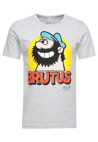 Szary bawełnowy t-shirt z postacią z kreskówki z brodą, niebieską czapką oraz napisem "BRUTUS" dużymi pomarańczowymi literami na żółtym tle.