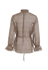 Sheer leopard print blouse with a high neckline, elasticated ruffled cuffs, and a drawstring waist for adjustable fit.