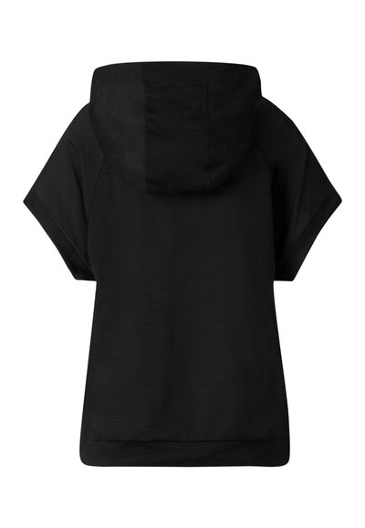 Sweat à capuche noir à manches courtes avec une coupe décontractée, vu de dos sur fond blanc.