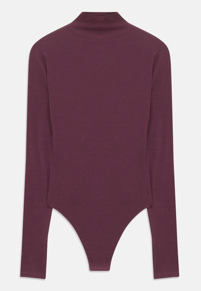 Burgundy long-sleeve bodysuit with a high neck, made of soft fabric, featuring a thong cut at the bottom and fitted sleeves.